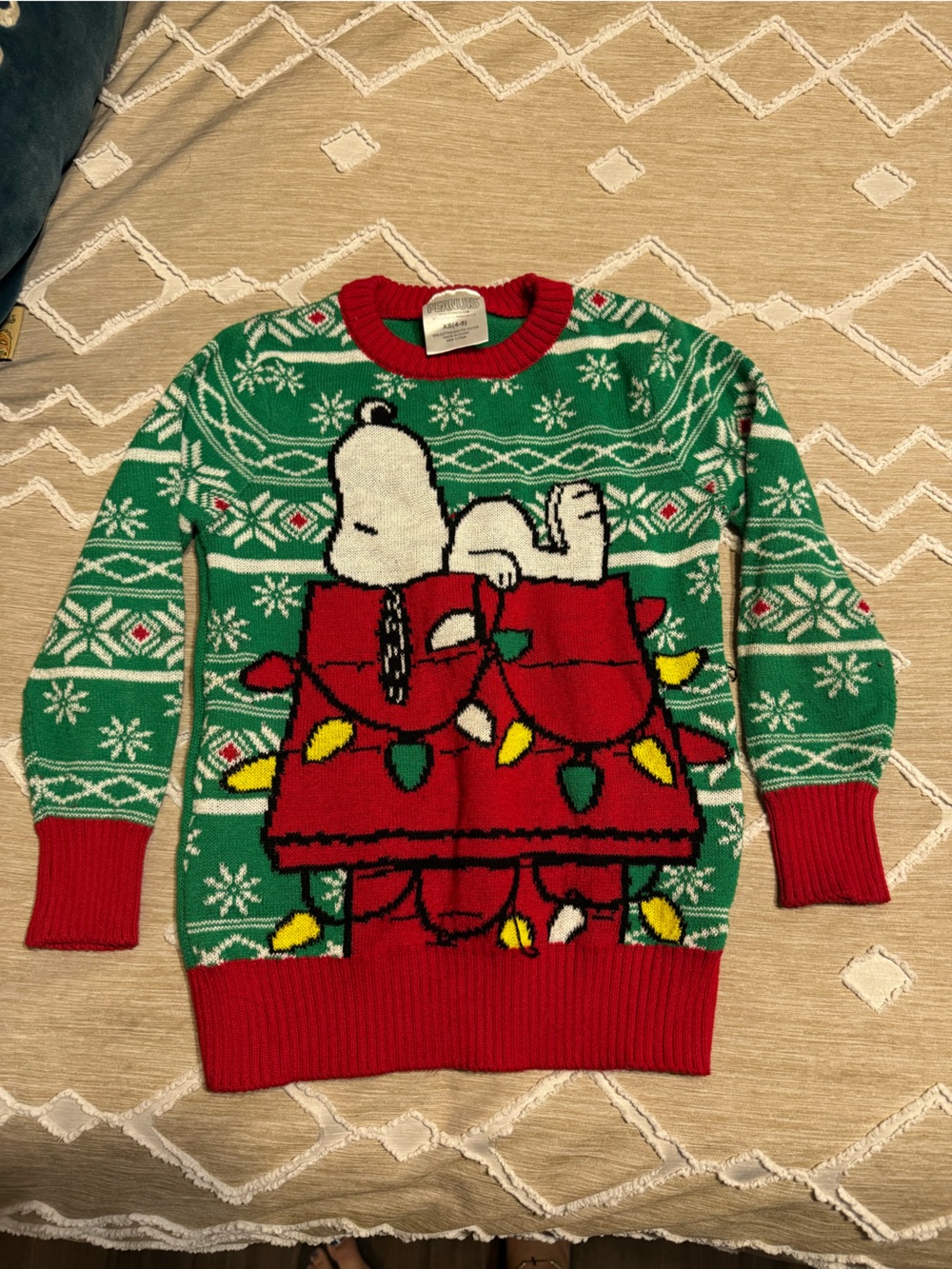 Kids Holiday Green & Red Snoopy Sweater